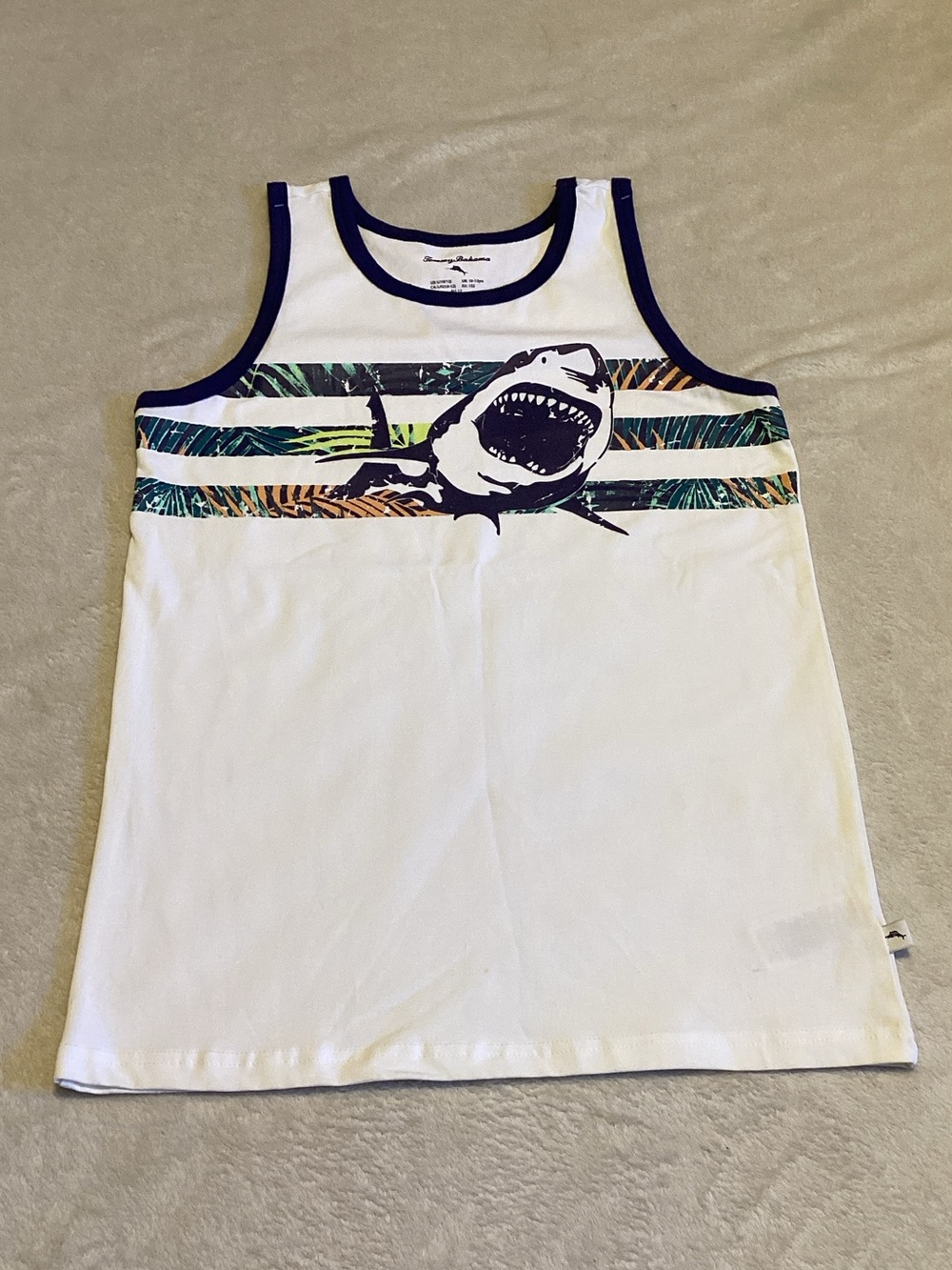 Tommy Bahama White Tank Top with Shark Graphic and Tropical Stripes